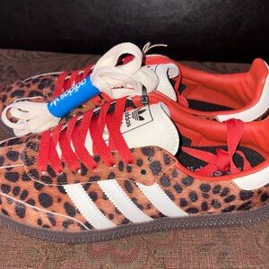 adidas Leopard Print Sneakers with White Stripes and Red Accents